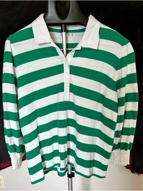 LOFT Green and White Striped Polo Top w/Puffed Shoulder and 3/4 sleeve Sz XL